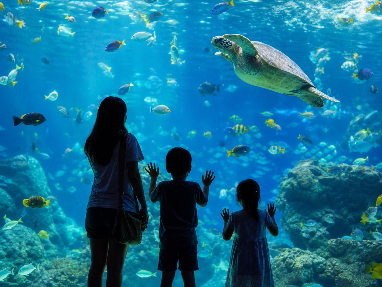 Children looking into a large aquarium habitat