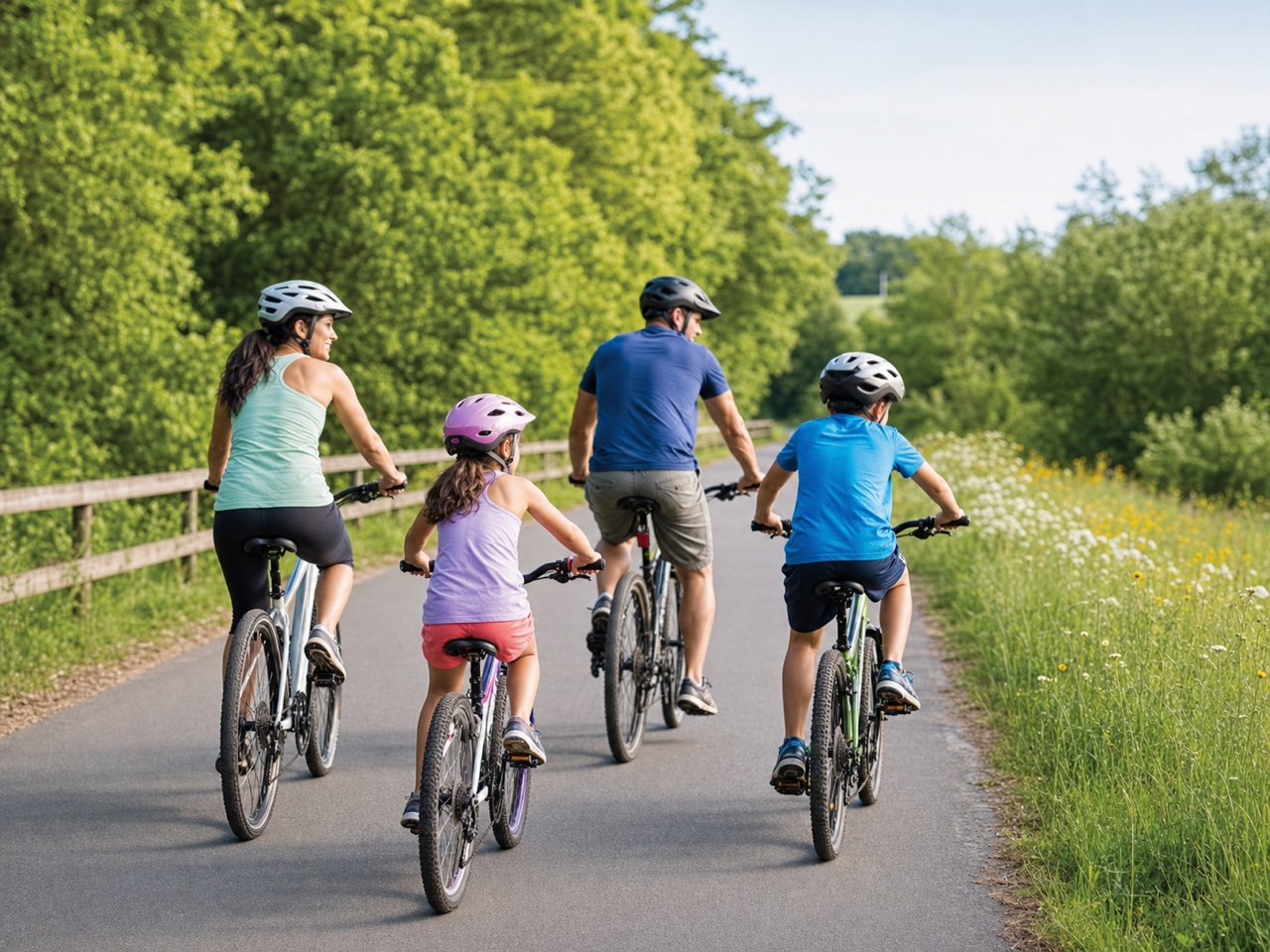 A family riding on a separated bike path