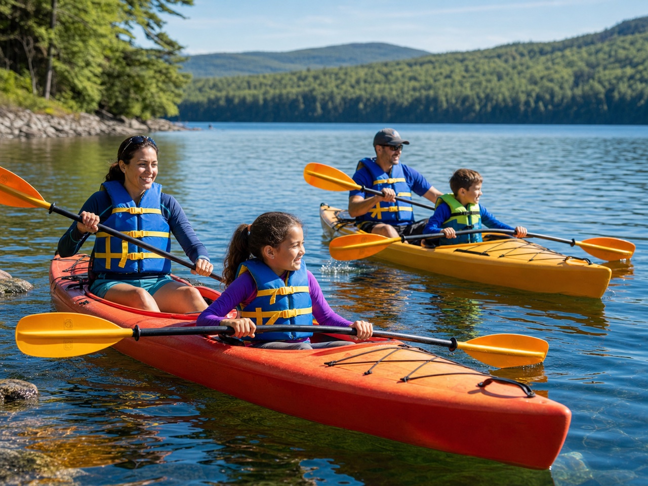 A family enjoying a calm-water boating outing