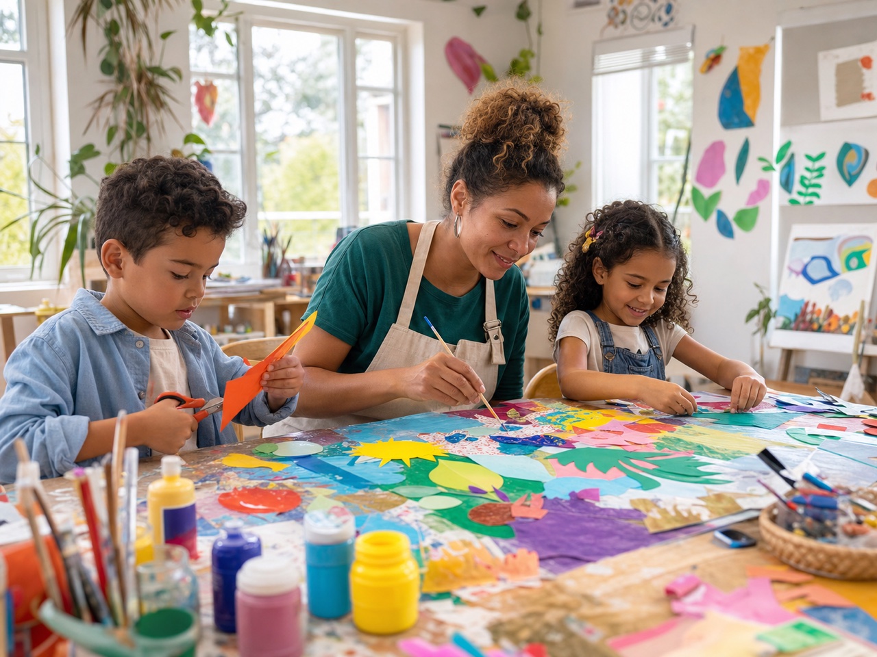 Children making a colorful hands-on art project