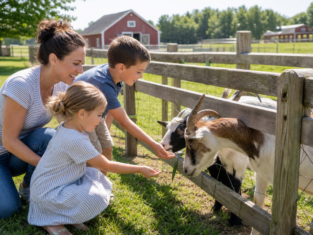 Children exploring a sunny family farm