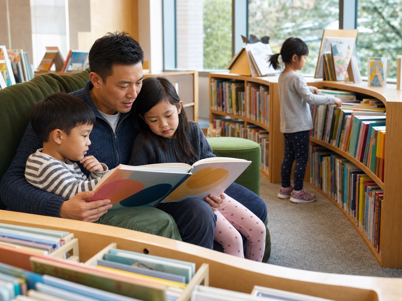 A colorful children's library area with books and low seating
