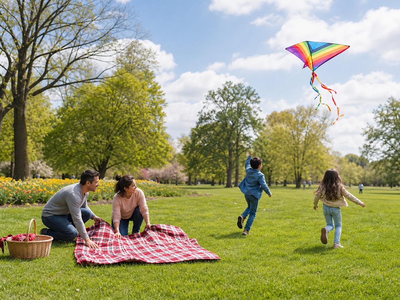 Families relaxing and playing in a green public park