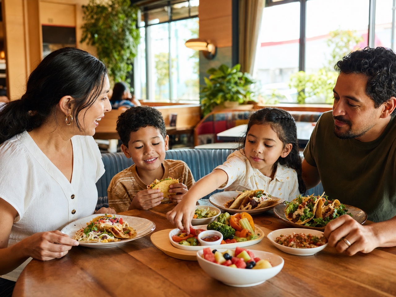 A family sharing a relaxed restaurant meal