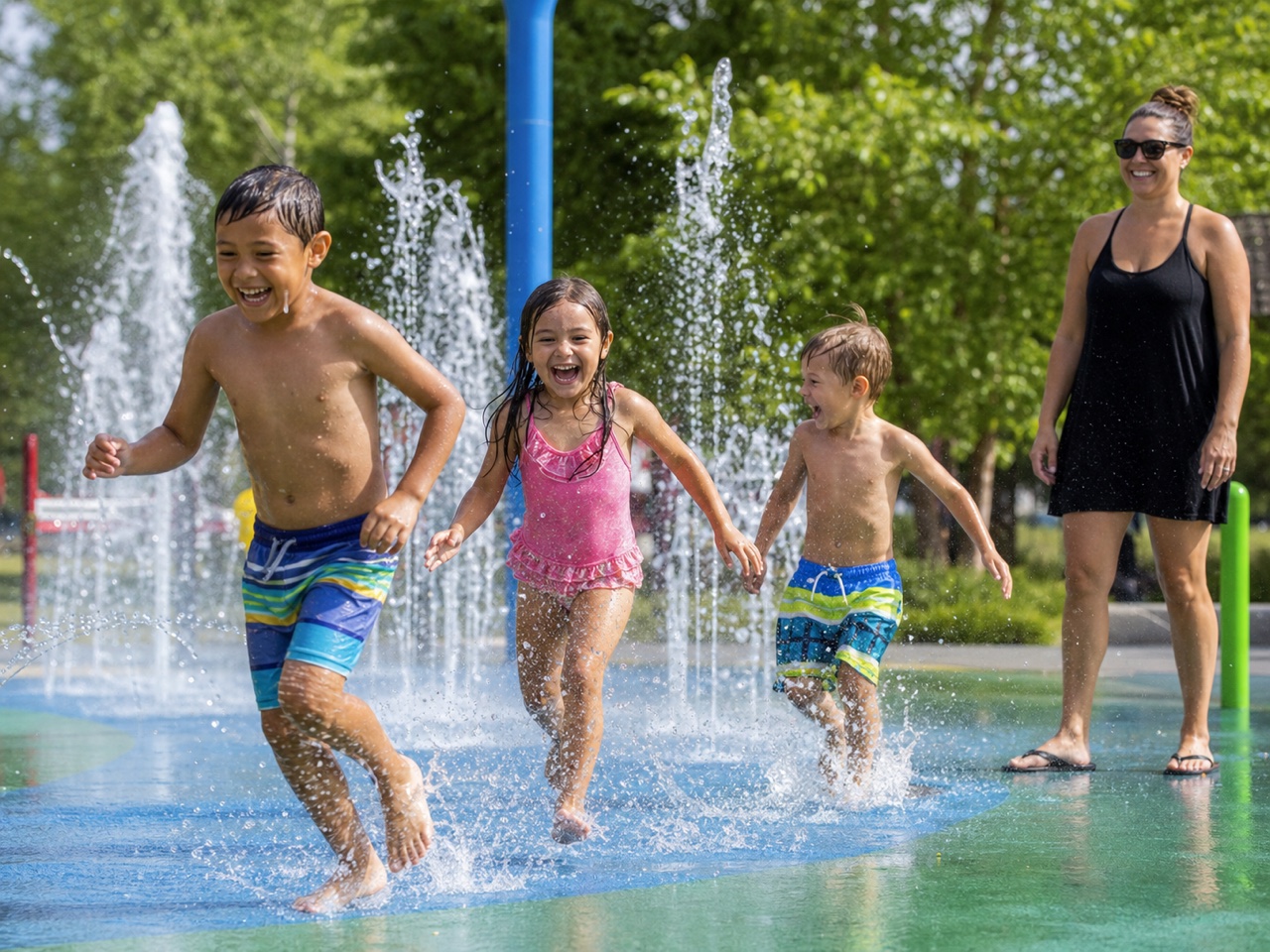 Children playing in a sunny splash pad