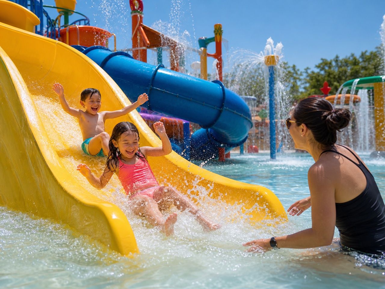 A colorful family waterpark with slides