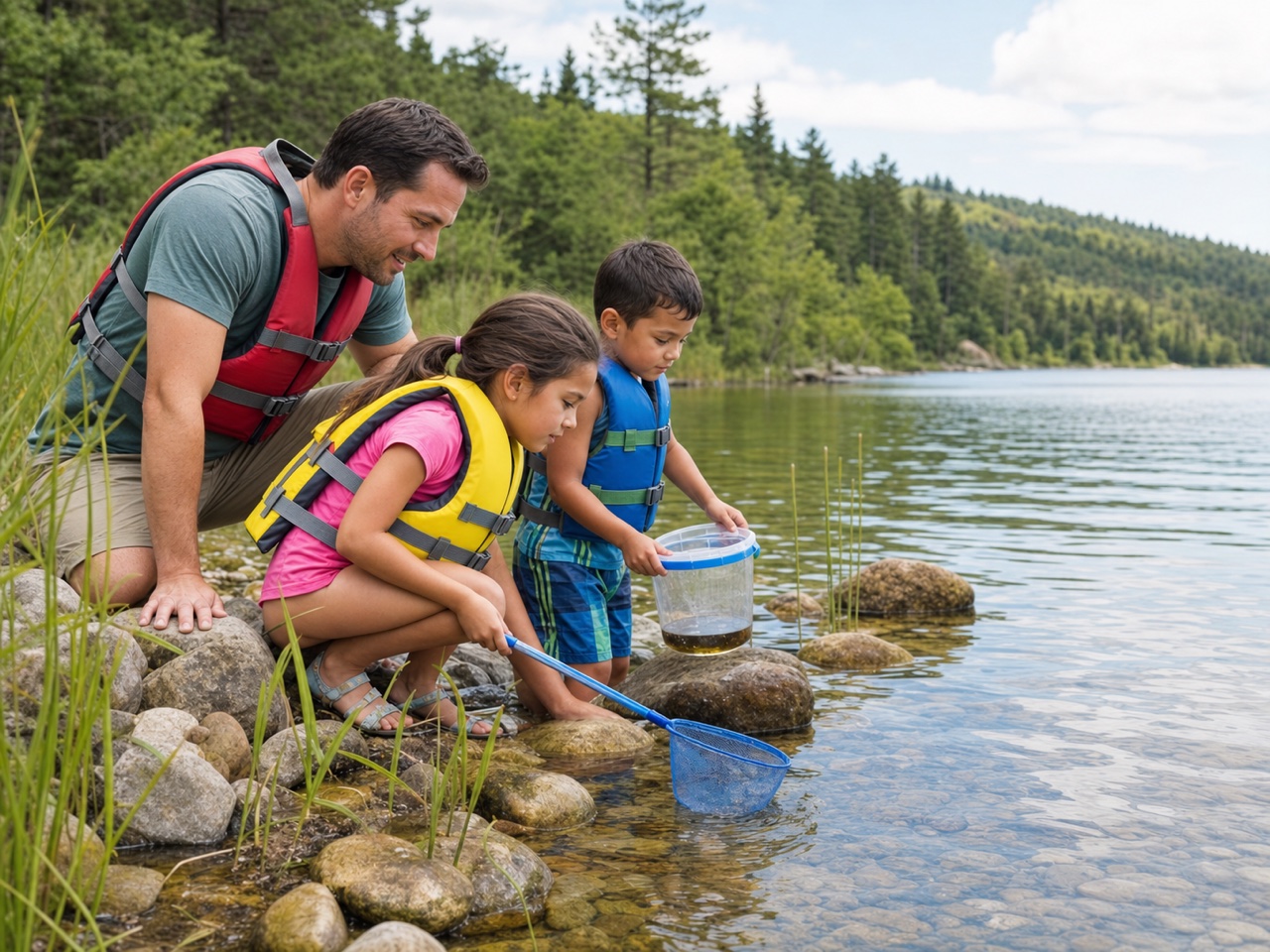 A calm family-friendly water edge surrounded by greenery