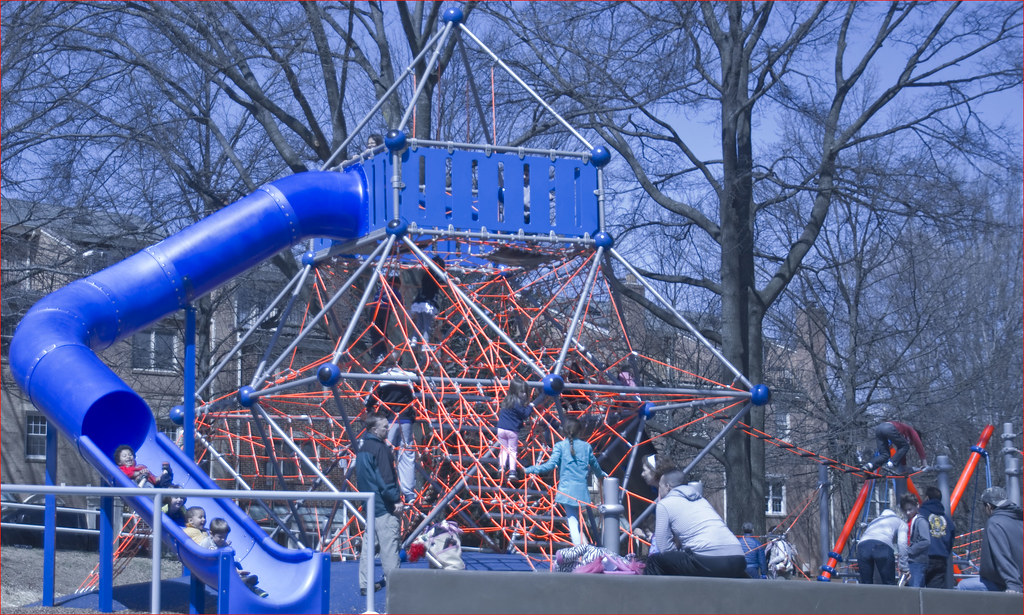The blue slide and orange rope climbing tower at Rocky Run Park, photographed in April 2014