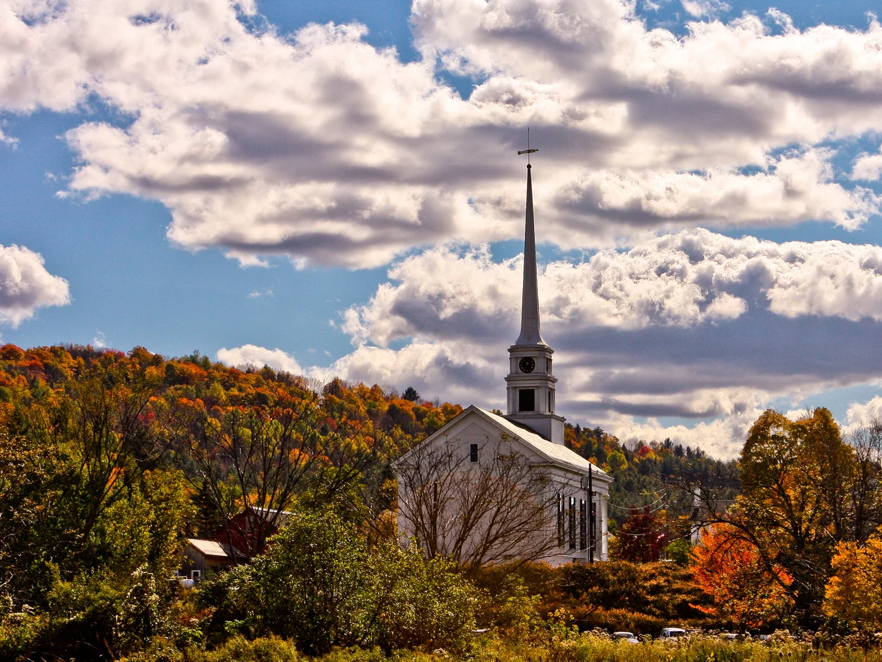 Stowe Community Church framed by Vermont fall color