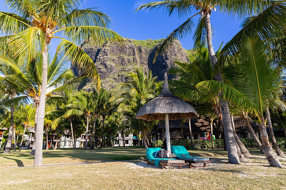 Palm trees and kayaks beneath Le Morne Brabant beside the coast of Mauritius