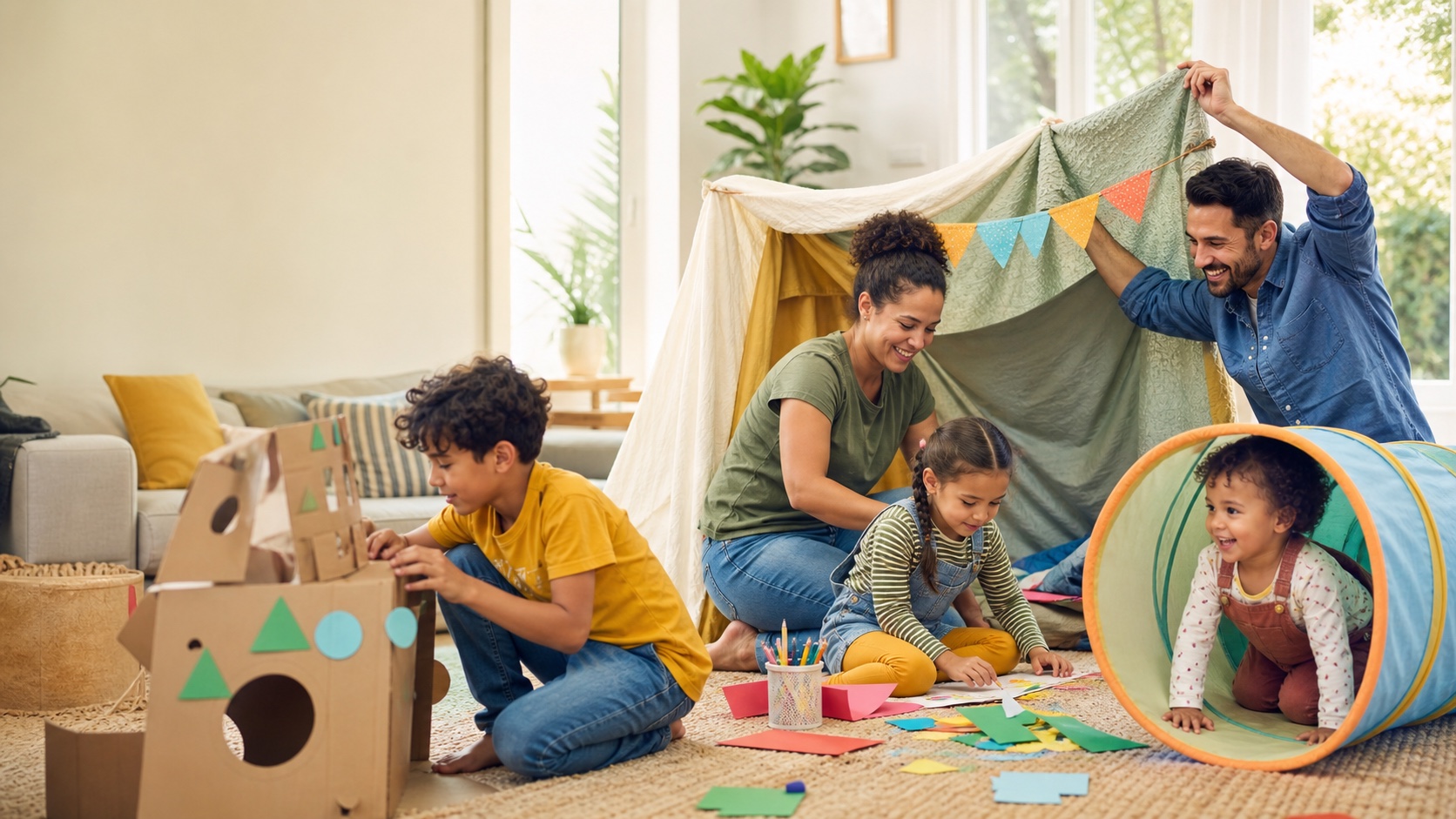 Family building a blanket fort and making crafts during a home adventure