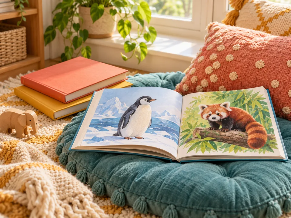 A picture book showing a penguin and a red panda, with more books on a reading cushion.