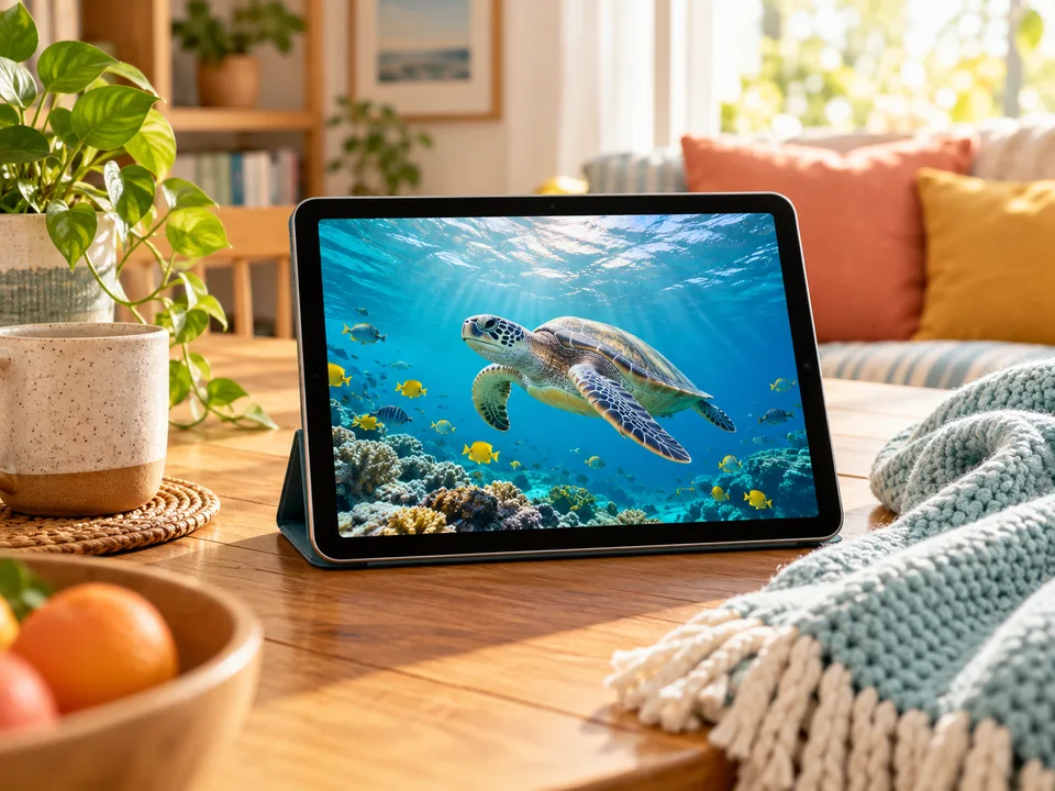 A tablet showing a sea turtle and fish in blue water, with a soft blanket nearby.