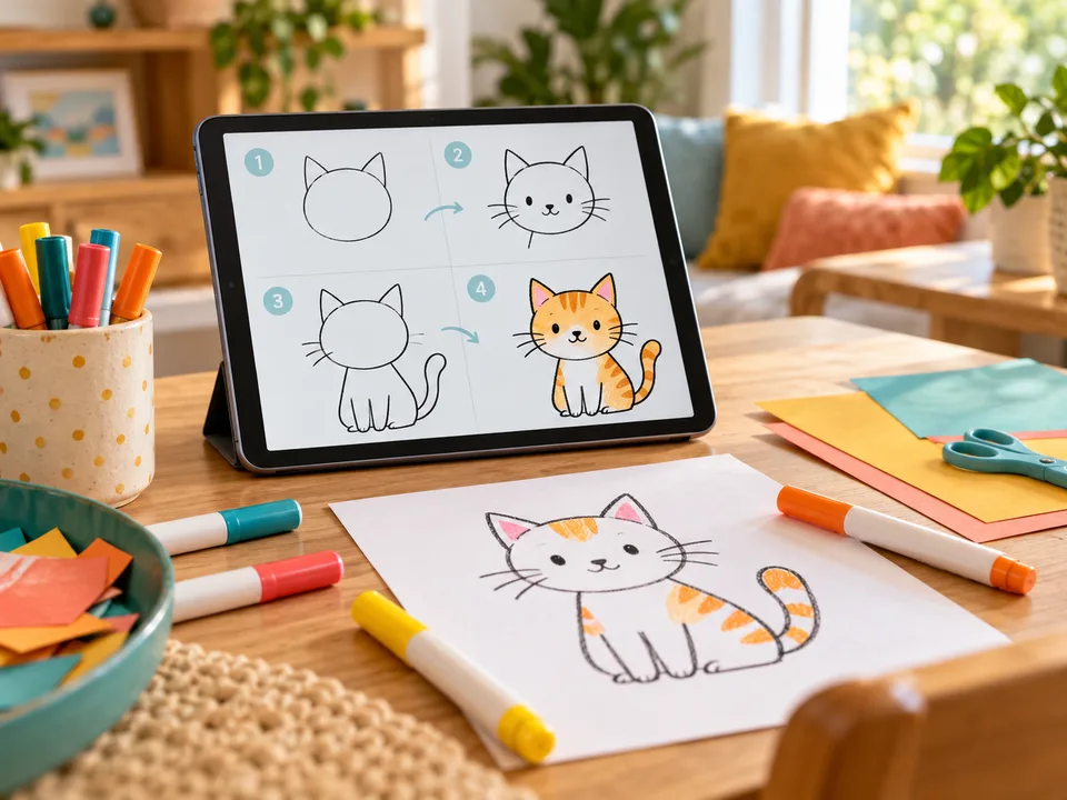 A tablet showing drawing steps for a cartoon cat, with a matching drawing and markers nearby.