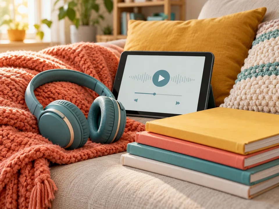 Headphones and a tablet with an audio player beside picture books on a soft couch blanket.