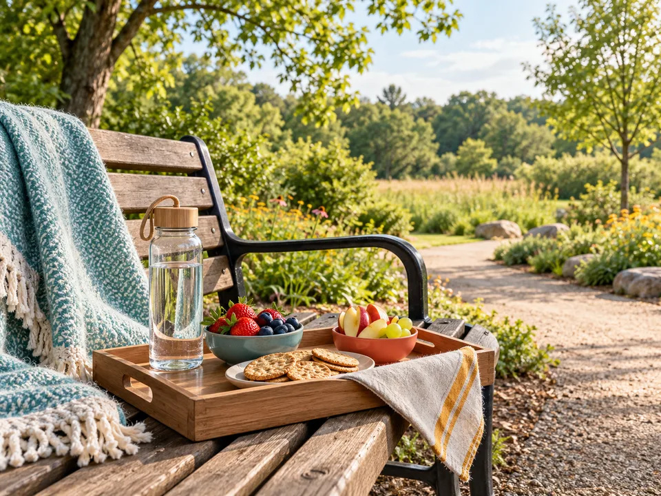 A small picnic and water bottle beside a bench near a quiet green-space entrance.
