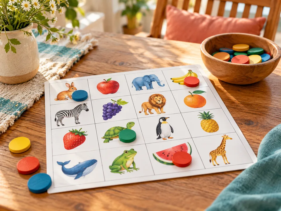 A homemade animal-and-fruit picture bingo sheet with colorful wooden counters.