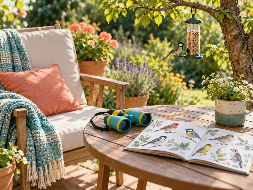 A patio chair, binoculars and bird guide facing a feeder with a songbird.