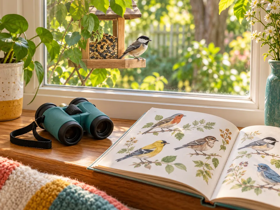 Binoculars and a bird picture guide by a window, with a songbird on the feeder outside.
