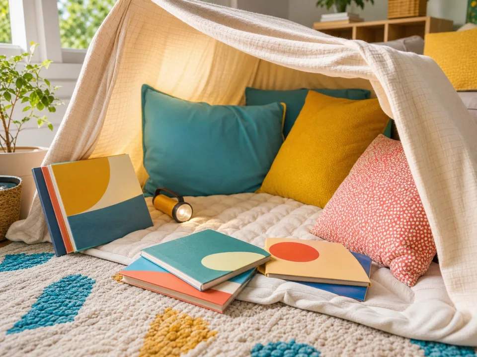 A bright cozy reading fort with colorful cushions, a safe flashlight, and picture books with abstract blank covers.