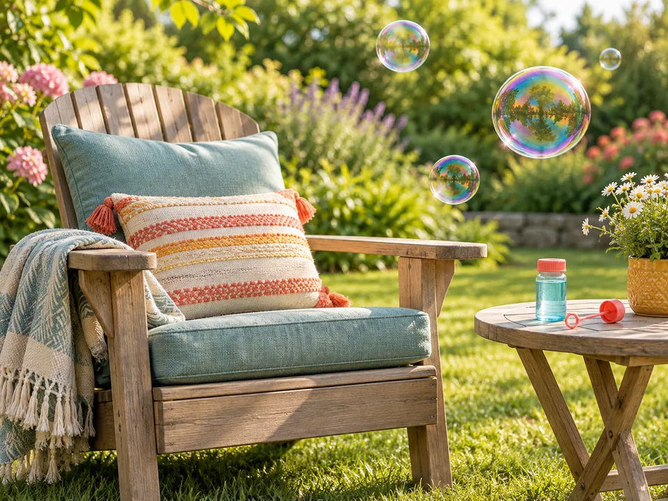 Soap bubbles drifting beside a cushioned garden chair, with a wand on a small table.