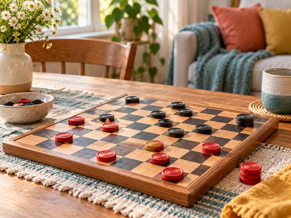 A checkerboard with red and dark pieces in midgame on a home table.