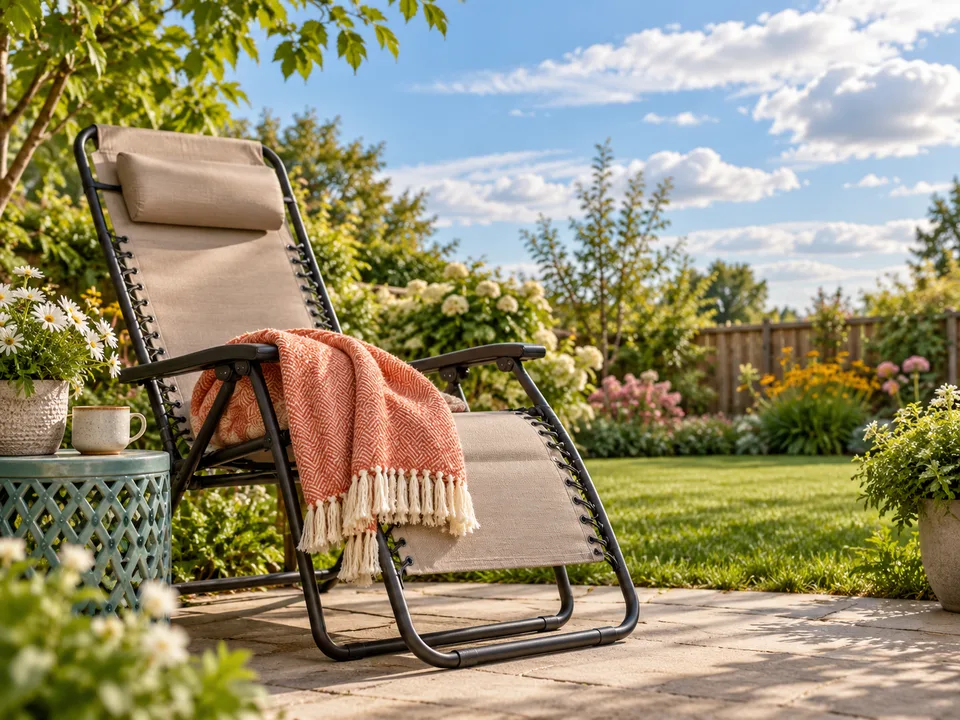 A reclining chair and blanket in a quiet yard beneath soft white clouds.