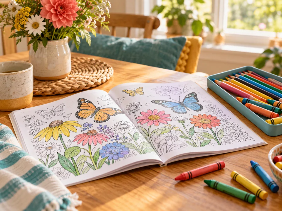 An open flower-and-butterfly coloring book with crayons and colored pencils on a sunny table.