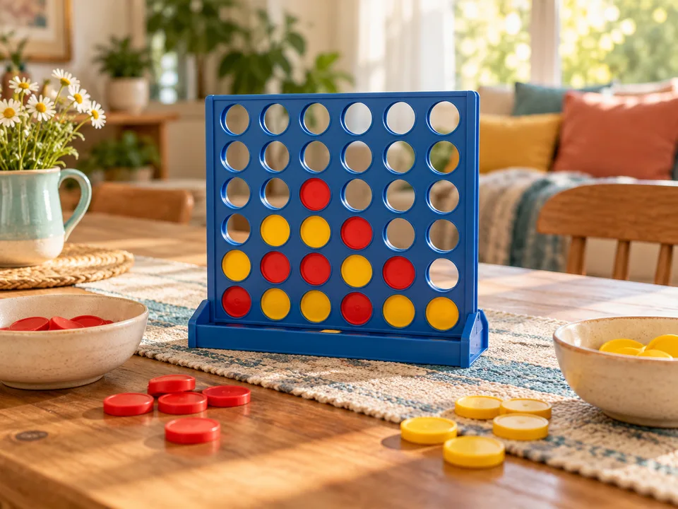A blue four-in-a-row game with red and yellow discs on a home table.