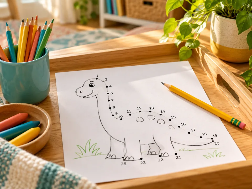 A partly completed dinosaur dot-to-dot drawing and a yellow pencil on a sunny table.