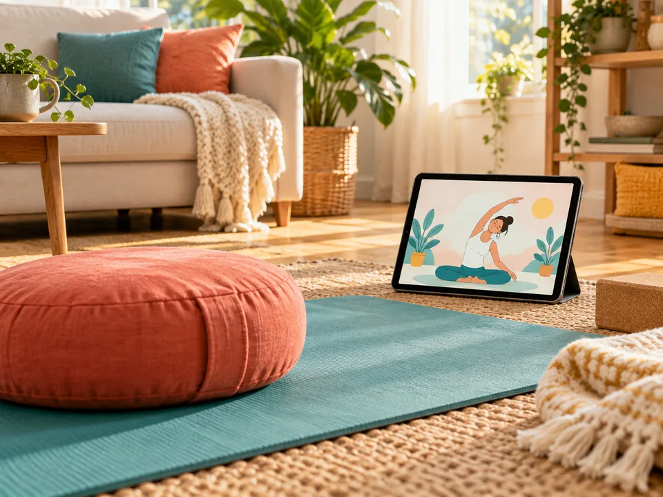 A yoga mat and cushion beside a tablet showing a cartoon figure doing a gentle stretch.