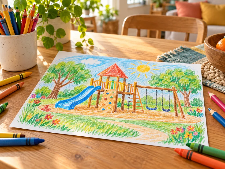 A colorful drawing of a playground with slides, swings and trees, surrounded by crayons.