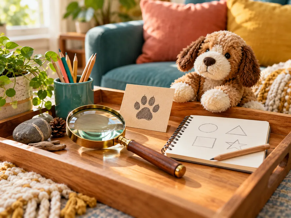 A magnifying glass, paw-print clue card and notebook beside a plush animal on an activity tray.