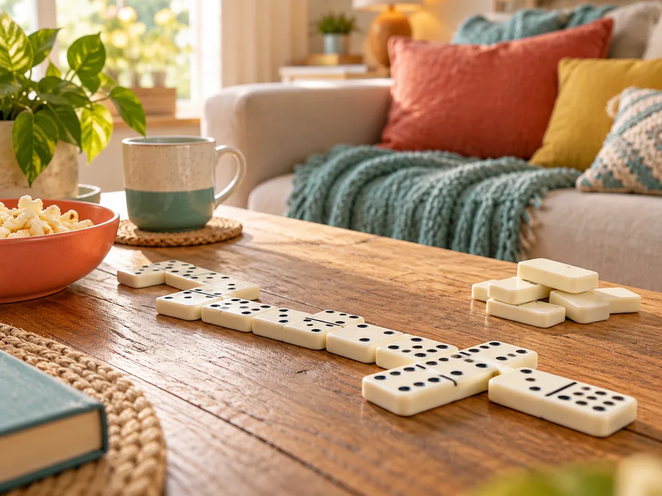 Chunky white domino tiles arranged in a line, with extra tiles on a sunny table.