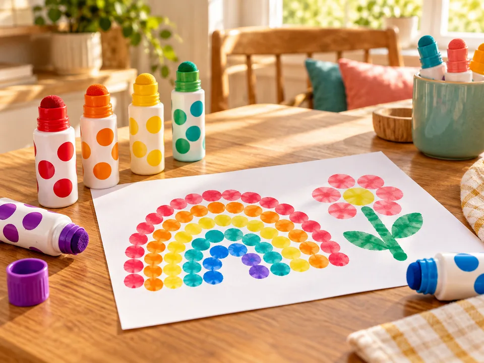 Chunky dot markers beside a rainbow and flower made from colorful painted dots.