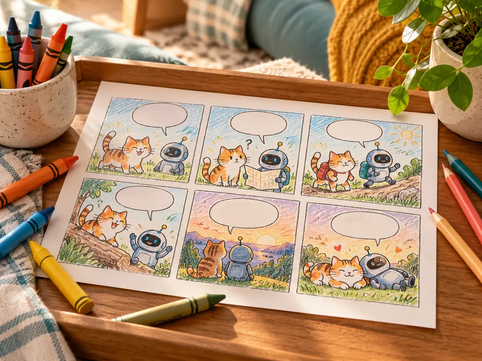 A six-panel comic featuring a playful cat and robot, with pencils and crayons nearby.