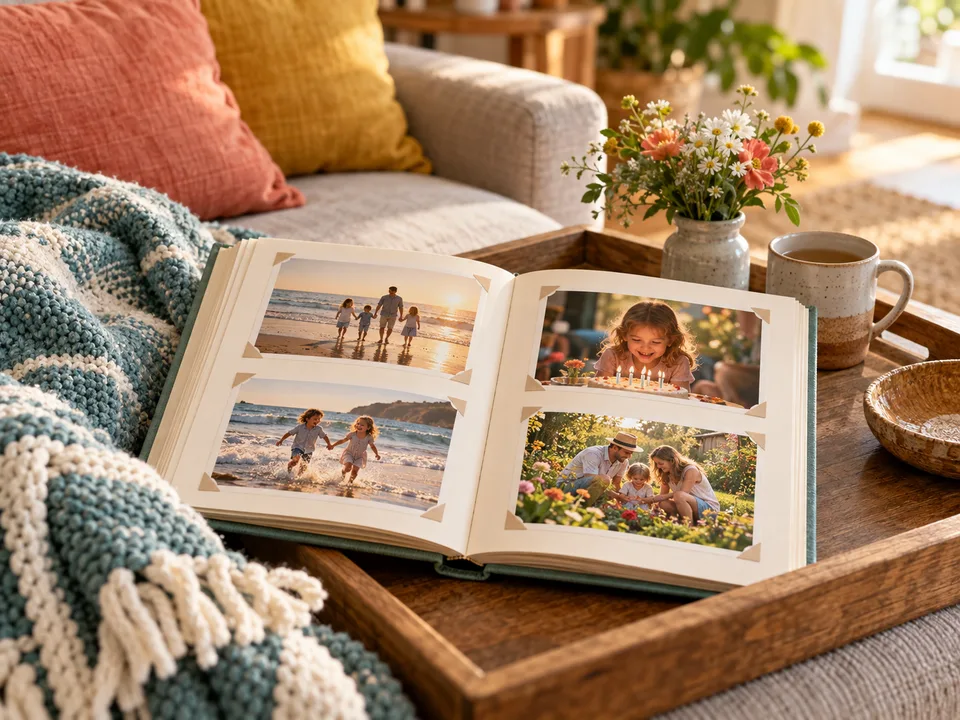 An open family photo album showing beach, birthday and garden memories on a couch-side tray.