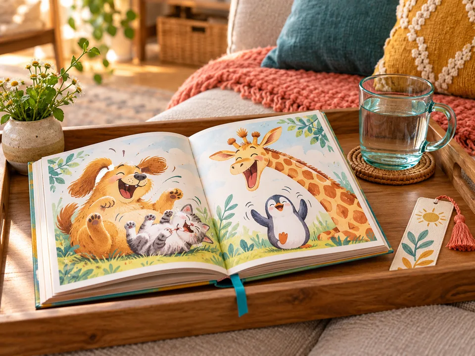 An open book of funny animal cartoons on a cozy reading tray.