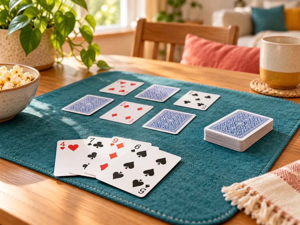 Ordinary playing cards and a face-down draw pile arranged on a felt game mat.