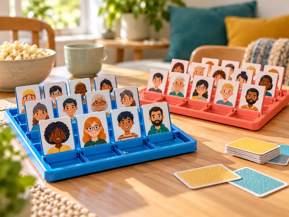 Two tabletop character-guessing boards with rows of illustrated portrait cards.