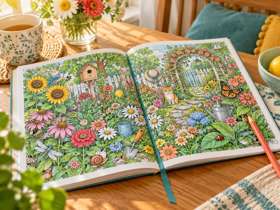 An open hidden-picture book filled with a detailed garden scene, with a pencil beside it.
