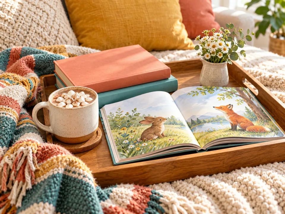 A mug of hot chocolate with marshmallows beside picture books and a cozy blanket.