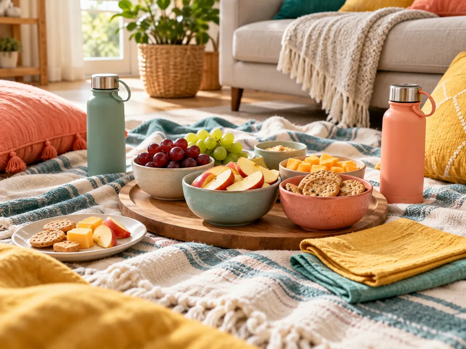 Bowls of crackers, fruit and cheese with water bottles on a soft living-room picnic blanket.