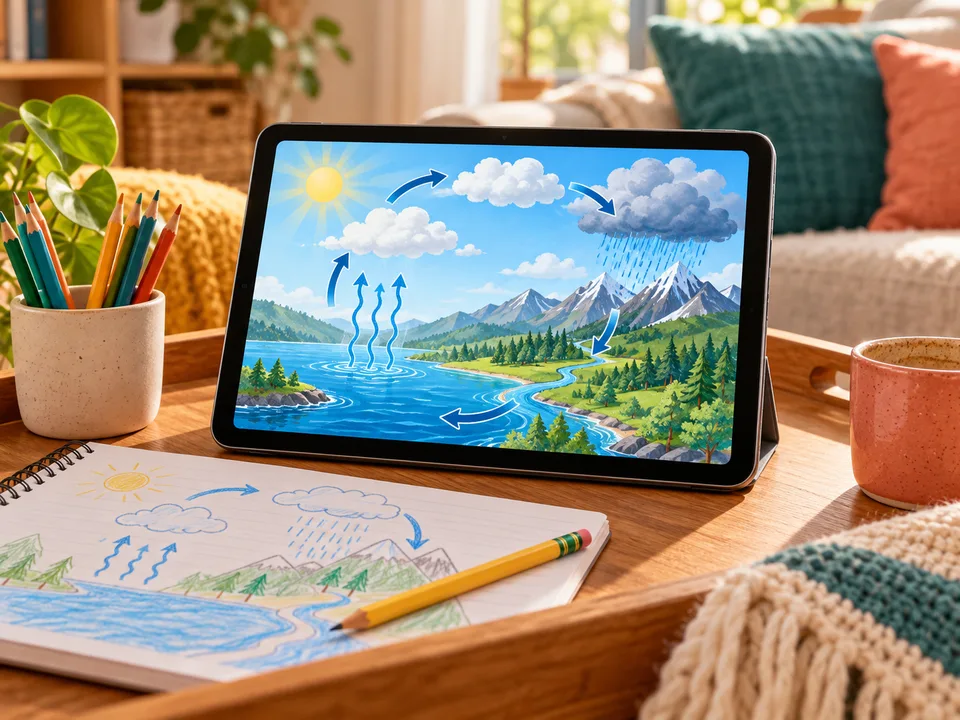 A tablet showing an illustrated water cycle, with a notebook and pencil on a cozy tray.