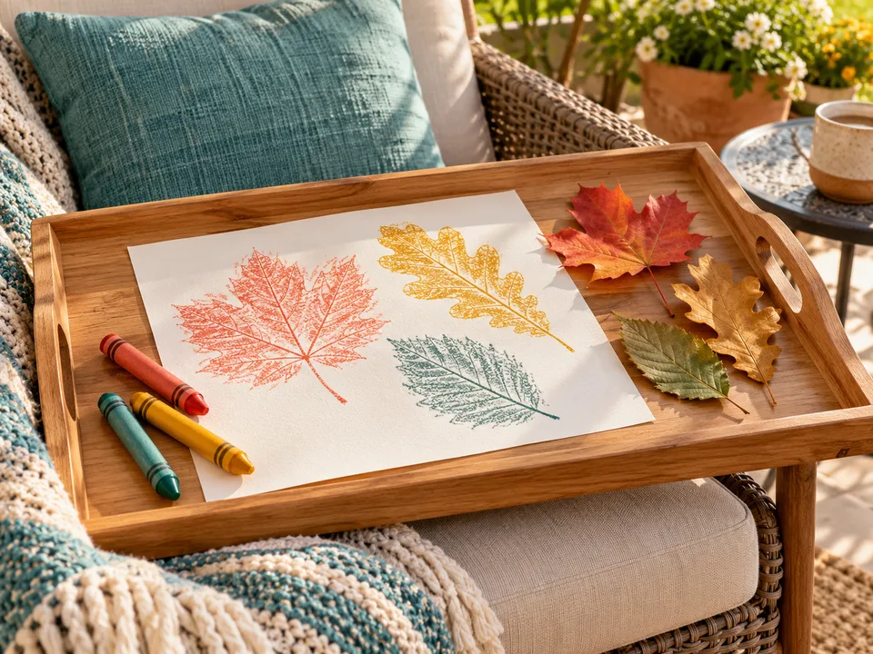 Leaf rubbings, chunky crayons and fallen leaves arranged on a patio lap tray.