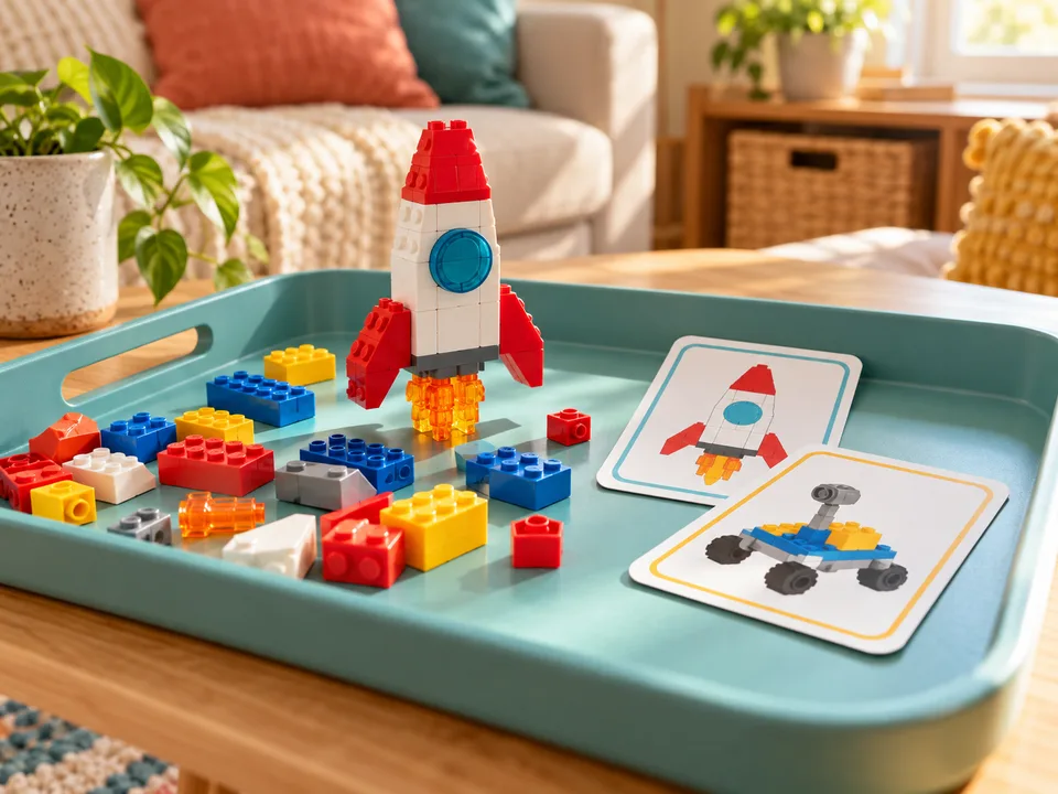 Colorful building bricks, a small brick rocket and picture challenge cards on an activity tray.