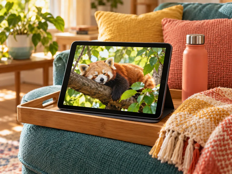 A tablet showing a red panda resting on a branch, with a blanket and water bottle nearby.