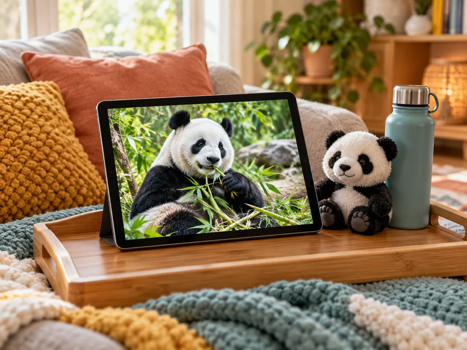 A tablet showing a panda eating bamboo, beside a plush panda and a water bottle.