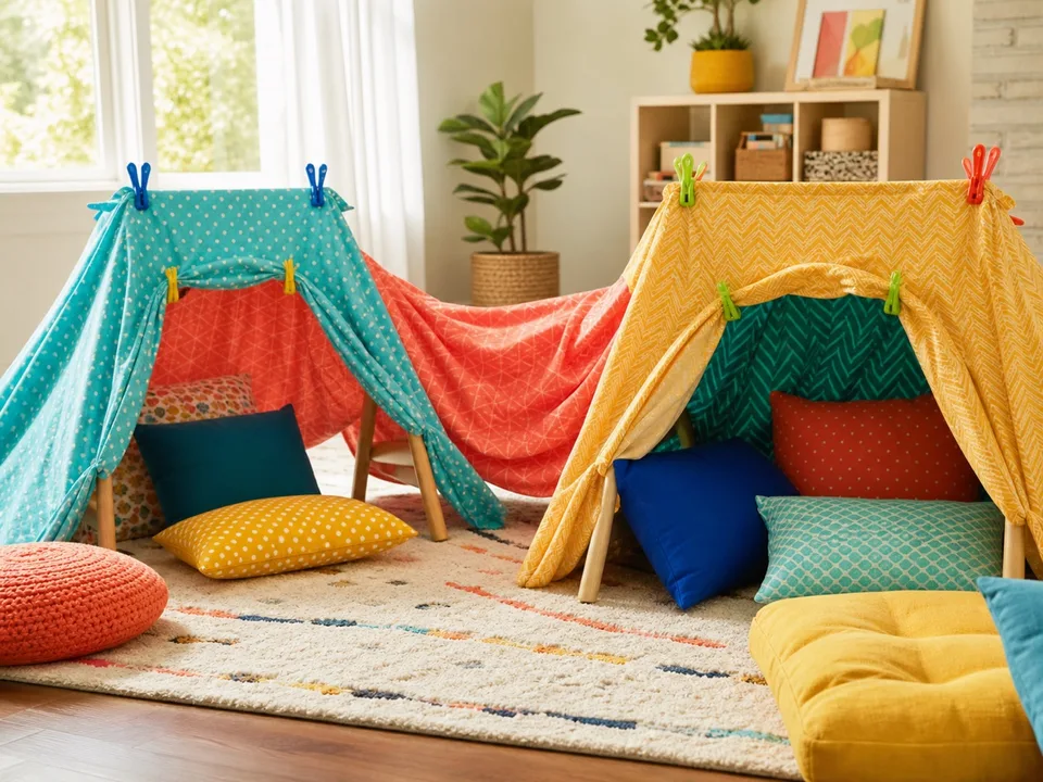 Two connected turquoise and yellow floor-level blanket forts with cushions and a short fabric tunnel.