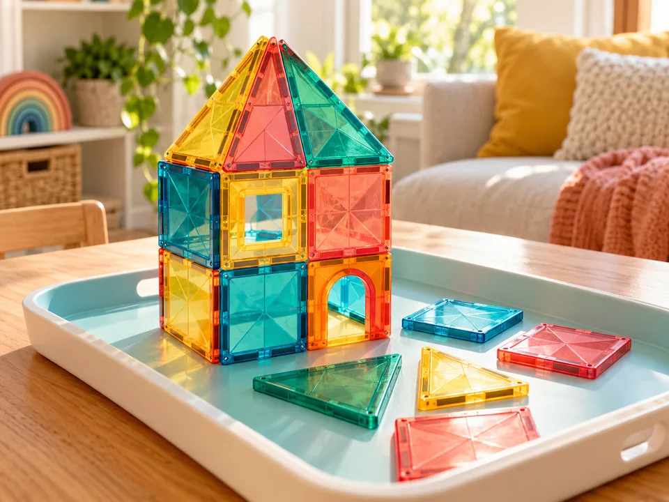 Colorful magnetic building tiles made into a little house, with spare tiles on an activity tray.